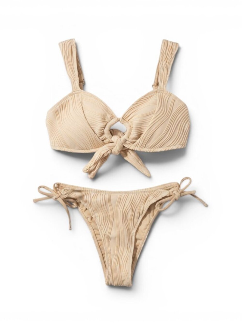 Zaful Beige Textured Knot Front Bikini Set